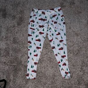 White Pajama Pants with Red Car and Green Tree Print